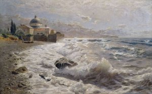 Italienische Kustenlandschaft mit einer Klosteranlage Oil painting by Franz Xaver Hoch