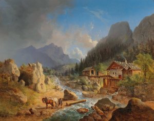 Mountain Landscape with Mill on a Stream by Franz Xaver Hofstetten Oil Painting