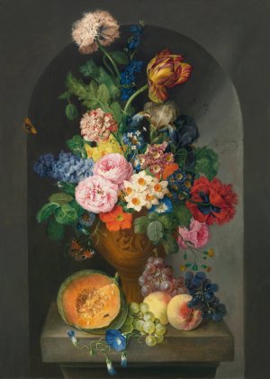 A Bronze Urn Of Flowers, With A Melon, Peaches And Grapes, A Butterfly And A Caterpillar by Franz Xaver Petter Oil Painting