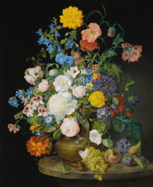 A Vase Of Camellias, Geraniums, Dahlias, A White Peony, Roses, Poppies And Other Flowers, With Fruit On A Stone Ledge by Franz Xaver Petter Oil Painting