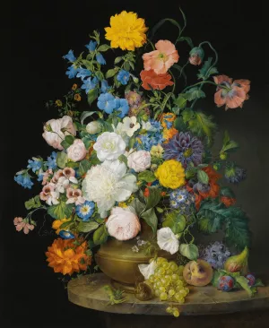 A Vase Of Camellias, Geraniums, Dahlias, A White Peony, Roses, Poppies And Other Flowers, With Fruit On A Stone Ledge by Franz Xaver Petter Oil Painting
