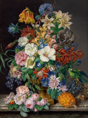 Blumenstuck mit Ananas, Weintrauben und Papagei by Franz Xaver Petter Oil Painting