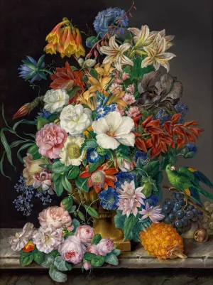 Blumenstuck mit Ananas, Weintrauben und Papagei by Franz Xaver Petter Oil Painting
