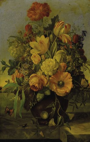 Elaborate Floral Bouquet on a Marble Ledge with a Landscape Beyond by Franz Xaver Petter Oil Painting