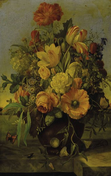Elaborate Floral Bouquet on a Marble Ledge with a Landscape Beyond  by Franz Xaver Petter - Hand-Painted Oil Painting Reproduction