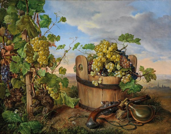 Stillleben mit Weintrauben und Pistole  by Franz Xaver Petter - Hand-Painted Oil Painting Reproduction