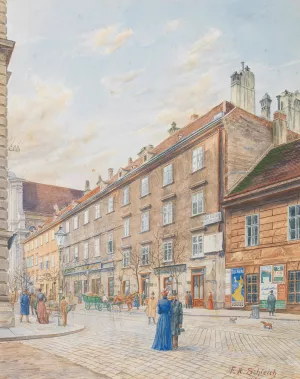 Blick in die Schwarzspanierstrase mit dem Sterbehaus Beethovens Oil painting by Franz Xaver Schleich