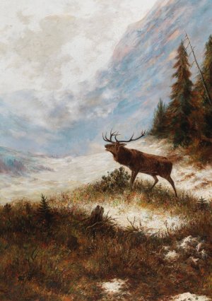 Bellowing Stag in a Winter Landscape by Franz Xaver Von Pausinger Oil Painting