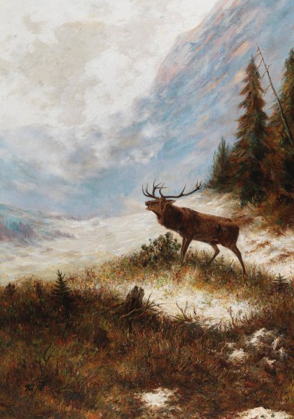 Main Product Photo of Bellowing Stag in a Winter Landscape Painting by Franz Xaver Von Pausinger