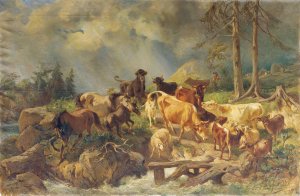 Bergige Landschaft mit Kuhen by Franz Xaver Von Pausinger Oil Painting