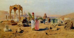 Figures Bearing Palm Leaves on the Outskirts of Cairo by Franz Xavier Kosler Oil Painting