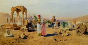 Figures Bearing Palm Leaves on the Outskirts of Cairo by Franz Xavier Kosler Oil Painting