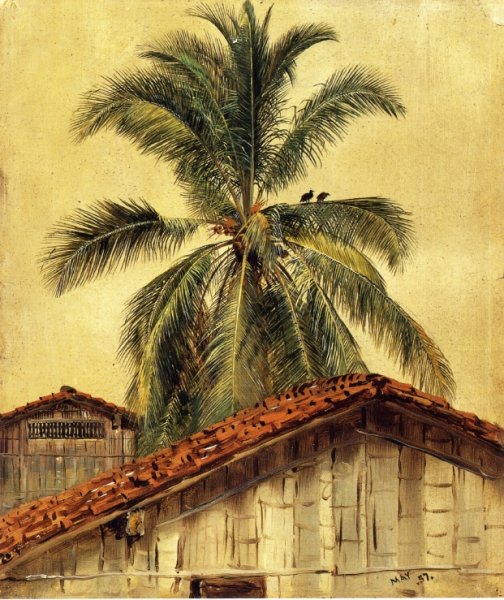 Main Product Photo of Palm Trees and Housetops, Ecuador Painting by Frederic Edwin Church
