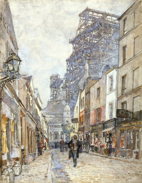 Main Product Photo of La rue du Chevalier-de-la-Barre, avec le Sacre-Cour en construction  Painting by Frederic Houbron