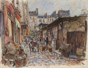Le Marche des Enfants Rouges, cote Ouest, sous la pluie, en 1907. 3eme arrondissement by Frederic Houbron Oil Painting