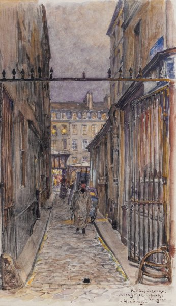 Main Product Photo of Rue des Oiseaux, Marche des Enfants-Rouges, le soir. 3eme arrondissement  Painting by Frederic Houbron