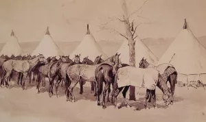 A Troop Picket Line Of The Sixth United States Cavalry Camp At Rapid Creek Oil painting by Frederic Remington