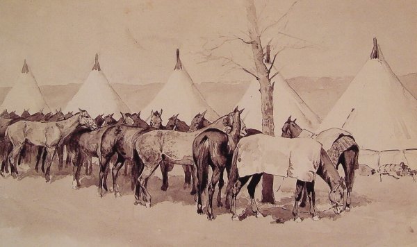 Main Product Photo of A Troop Picket Line Of The Sixth United States Cavalry Camp At Rapid Creek Painting by Frederic Remington