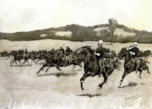 Main Product Photo of Battery K at Drill in the Berkshire Hills, Massachusetts Painting by Frederic Remington