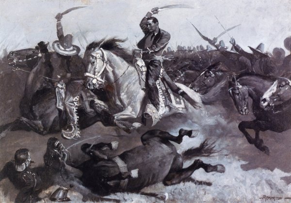 Main Product Photo of Down Go Horses and Men
 Painting by Frederic Remington