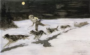 Huskie Dogs on the Frozen Highway also known as Talking Musquash Oil painting by Frederic Remington