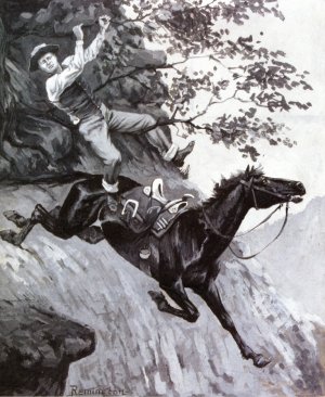 Tom Kicked Away the Stirrups and Grasped the Low Branch of a Live Oak Tree Oil painting by Frederic Remington