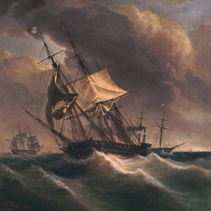 Sailing Ship In Storm by Frederic Roux Oil Painting