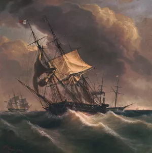 Sailing Ship In Storm by Frederic Roux Oil Painting