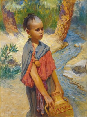 A young girl by a river by Frederick Arthur Bridgman Oil Painting
