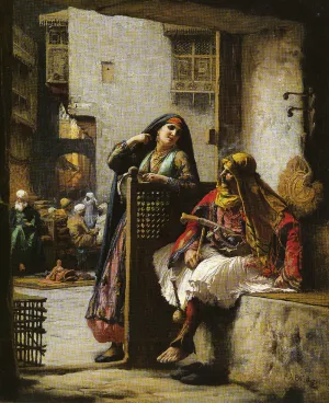 Almeh Flirting with an Armenian Policeman, Cairo painting by Frederick Arthur Bridgman