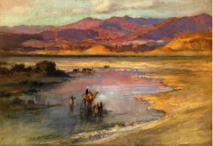 Crossing an Oasis, with the Atlas Mountains in the Distance, Morocco by Frederick Arthur Bridgman Oil Painting