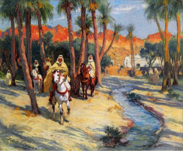 Main Product Photo of Riding through an Oasis Painting by Frederick Arthur Bridgman