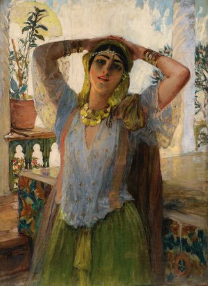 Young Oriental Woman On a Terrace by Frederick Arthur Bridgman Oil Painting