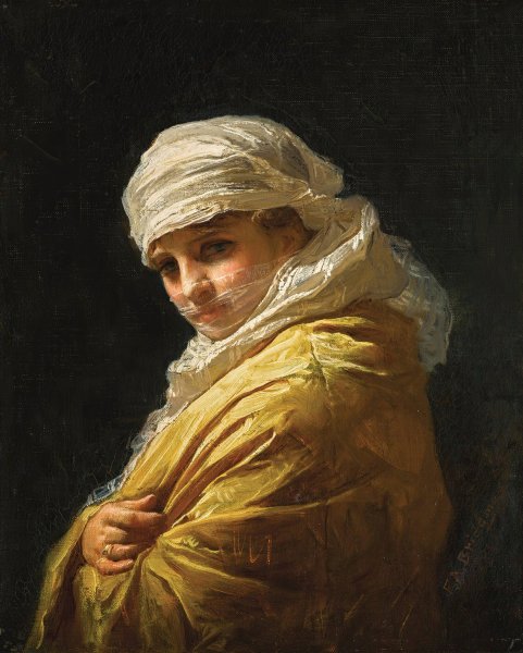 Young woman in a white turban by Frederick Arthur Bridgman - Hand-Painted Oil Painting Reproduction