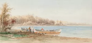 Canoes And Trappers by Frederick Arthur Verner Oil Painting