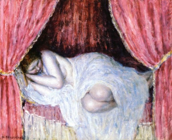 Main Product Photo of Nude Behind Red Curtains Painting by Frederick C. Frieseke