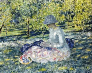Woman Seated in a Park with Basket by Frederick C. Frieseke - Oil Painting Reproduction