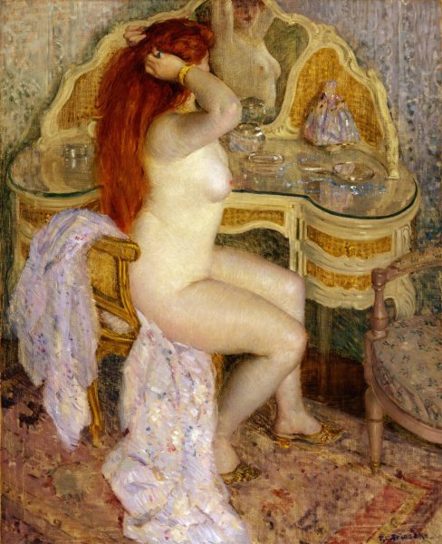 Nude Seated at Her Dressing Table  by Frederick Carl Frieseke - Hand-Painted Oil Painting Reproduction
