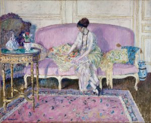 Woman Seated on Sofa in Interior by Frederick Carl Frieseke Oil Painting