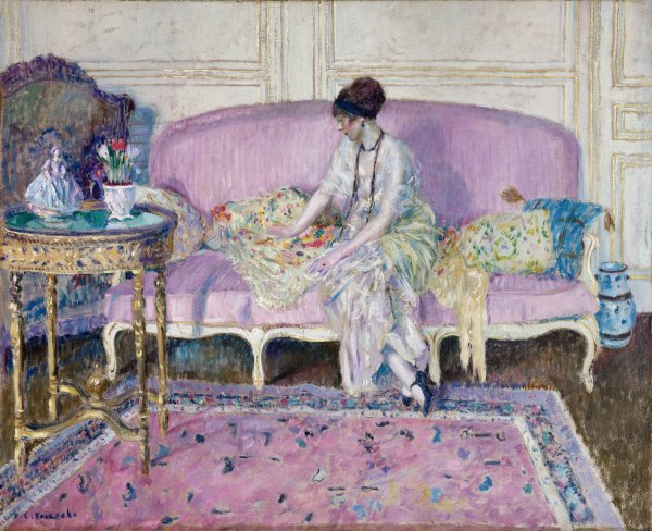 Woman Seated on Sofa in Interior  by Frederick Carl Frieseke - Hand-Painted Oil Painting Reproduction