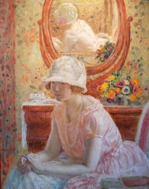 Young Girl Before a Mirror in a Pink Dress by Frederick Carl Frieseke Oil Painting