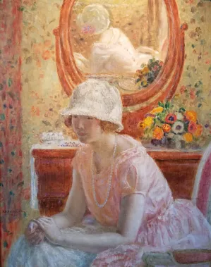 Young Girl Before a Mirror in a Pink Dress by Frederick Carl Frieseke Oil Painting