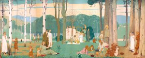 Men, women, and children at a picnic in the park by Frederick Cayley Robinson Oil Painting