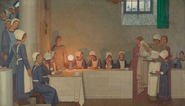 Orphan Girls Entering the Refectory of a Hospital  by Frederick Cayley Robinson - Hand-Painted Oil Painting Reproduction