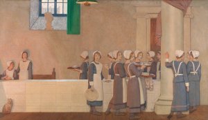 Orphan Girls in the Refectory of a Hospital, Proceeding to Their Place at the Table by Frederick Cayley Robinson Oil Painting