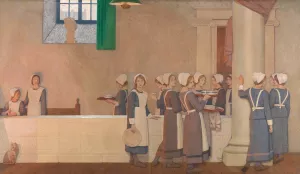 Orphan Girls in the Refectory of a Hospital, Proceeding to Their Place at the Table by Frederick Cayley Robinson Oil Painting
