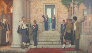 Wounded and Sick Men Gathered Outside a Hospital by Frederick Cayley Robinson Oil Painting