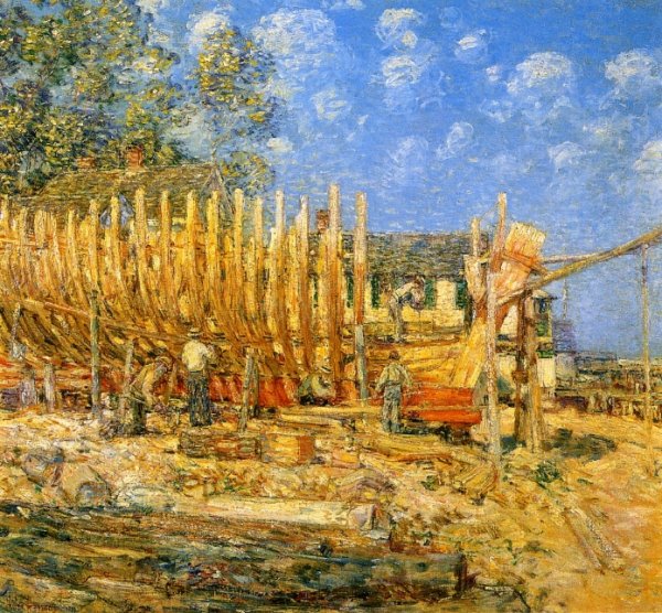 Building the Schooner, Provincetown by Frederick Childe Hassam - Hand-Painted Oil Painting Reproduction