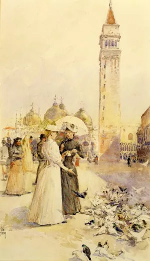 Feeding Pigeons in the Piazza by Frederick Childe Hassam - Oil Painting Reproduction