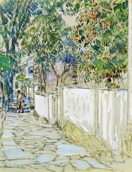 Main Product Photo of Flagstone Sidewalk, Portsmouth, New Hampshire Painting by Frederick Childe Hassam